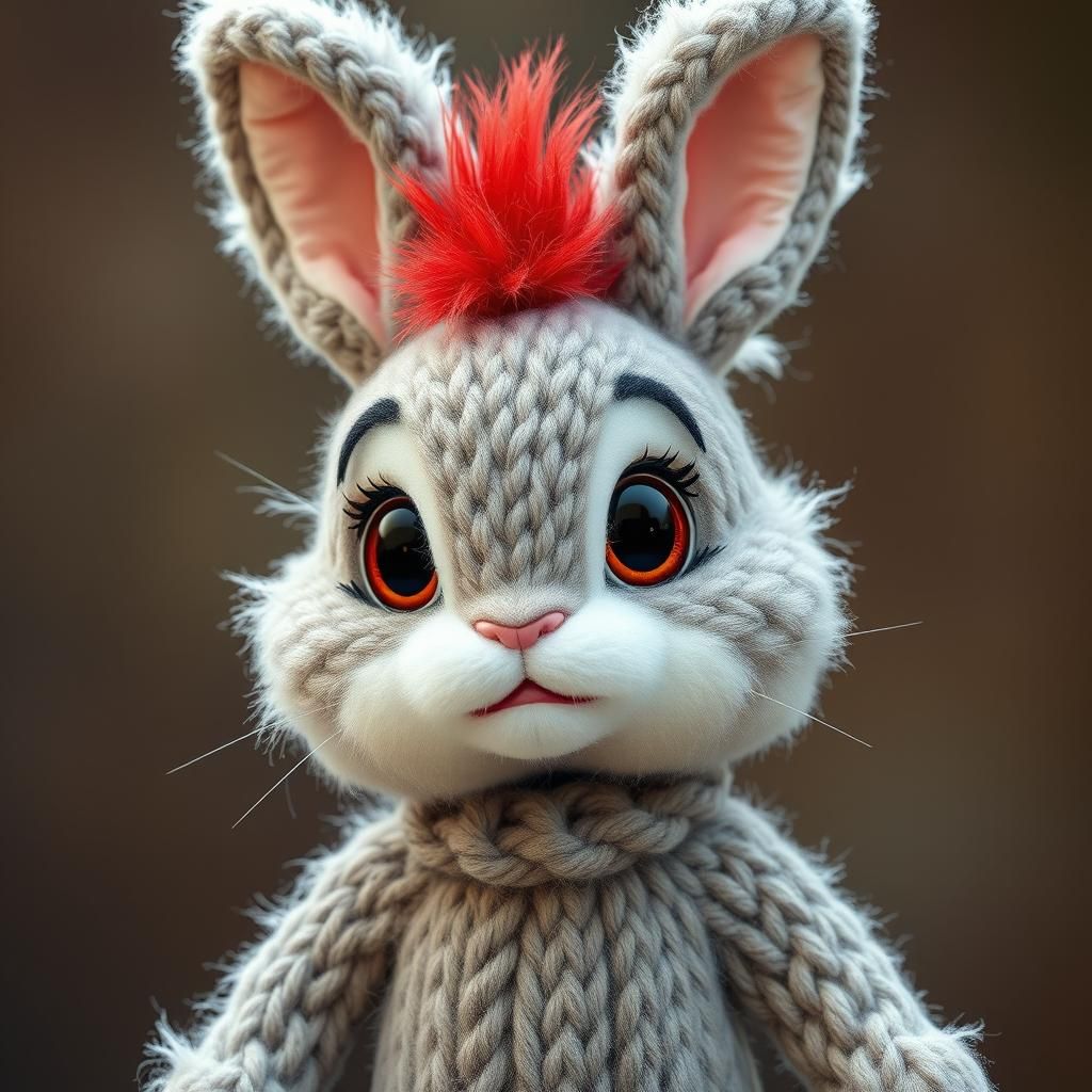 Adorable Knitted Bugs Bunny with Red Mohawk