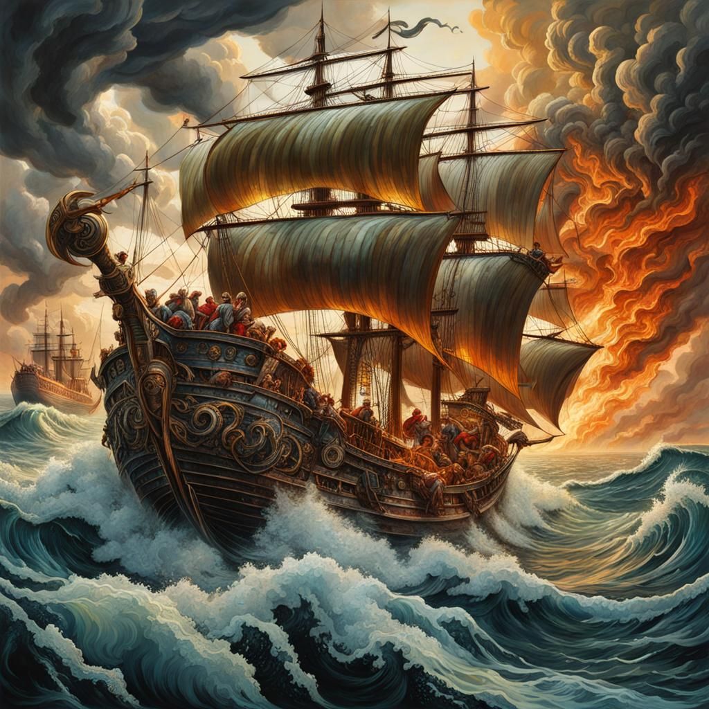 Scylla Attacks Greek Ship in Mixed Media Art