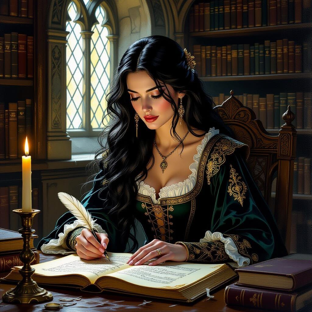 Medieval Woman Writing in Library, Alan Lee Style