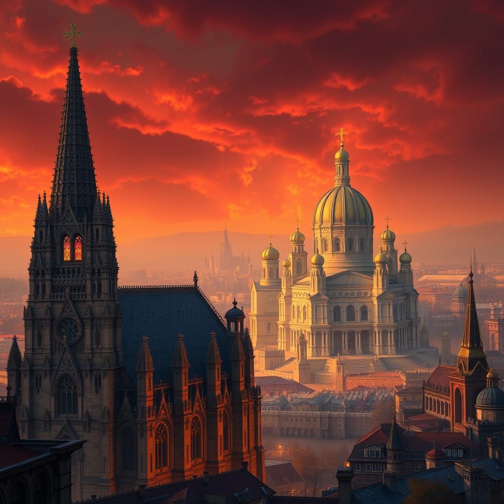 Medieval Cityscape with Grand Cathedrals, Medieval Fantasy S...