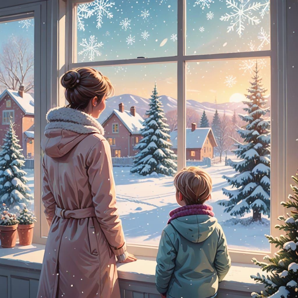 Winter Wonderland: Mom and Child Gaze Out at Snowy Scene
