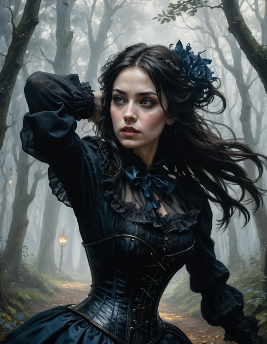 Renaissance Woman Running Through Forest at Night