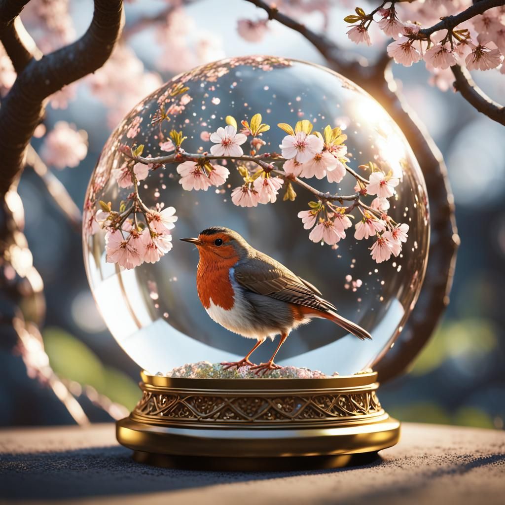 Robin in Crystal Ball with Golden Cherry Tree