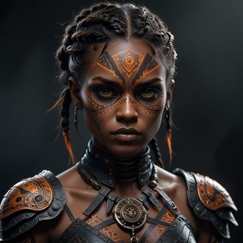 Gothic Warrior Woman with Tribal Patterns and Steampunk Elem...