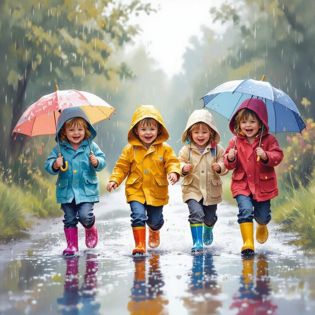 Children's Joyful Rainy Day Adventure in a Classic Art Style
