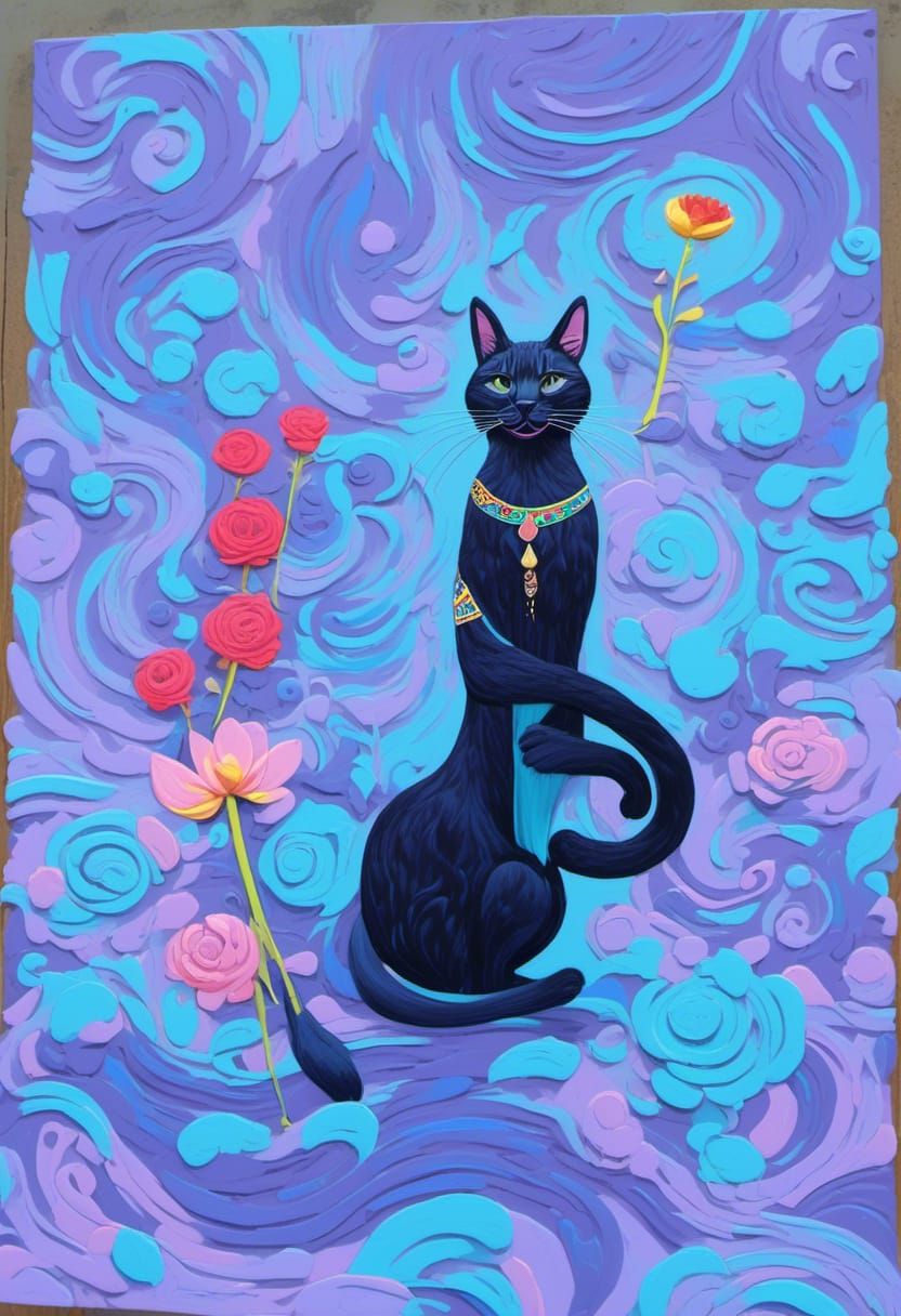 <lora:Egyptian Synth:1.0> Egyptian themed cat and flowers oil painting by James Gurney vibrant colors Candyland wonderla...