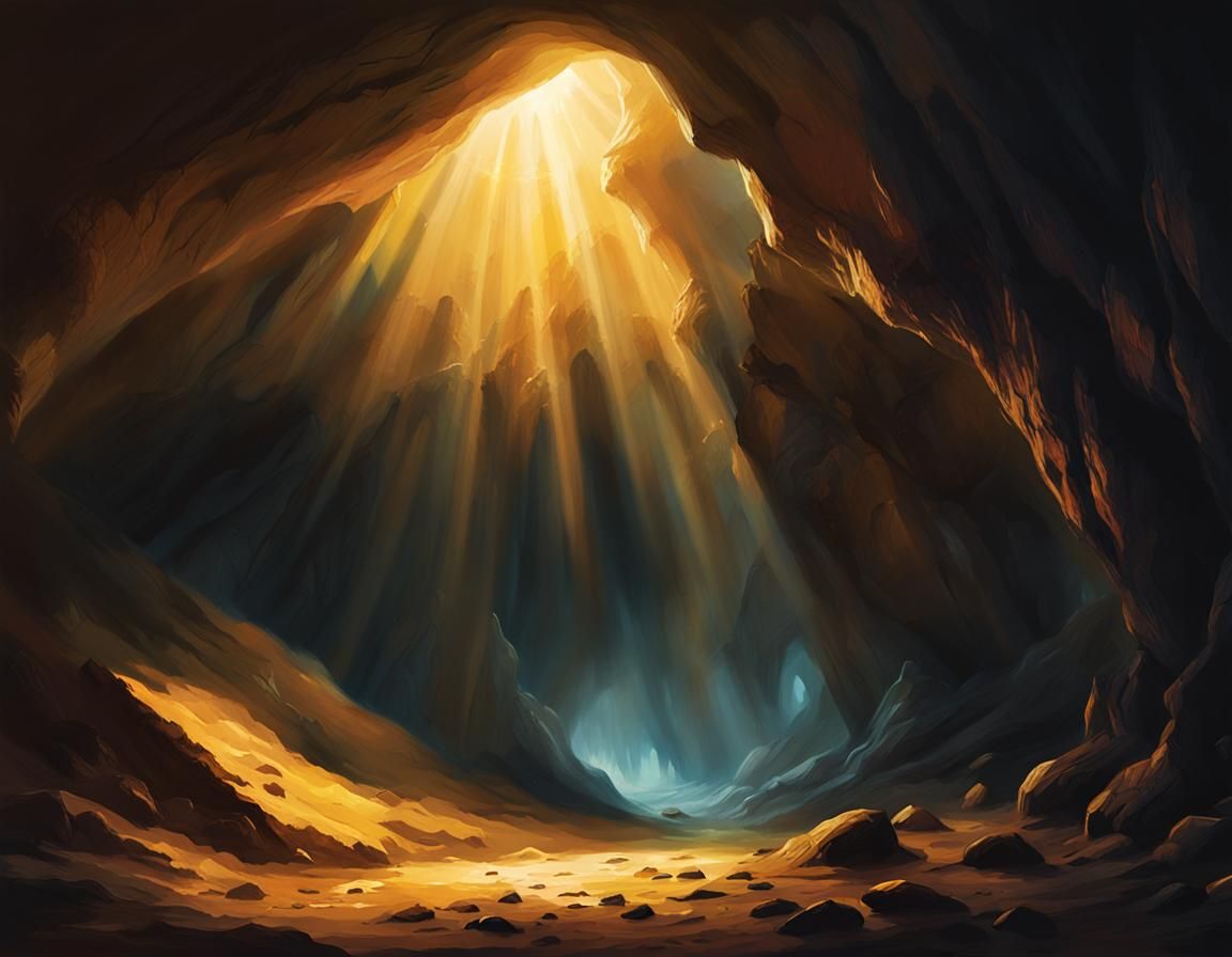 Mystical Cave with Sunbeams in Dark Fantasy Style