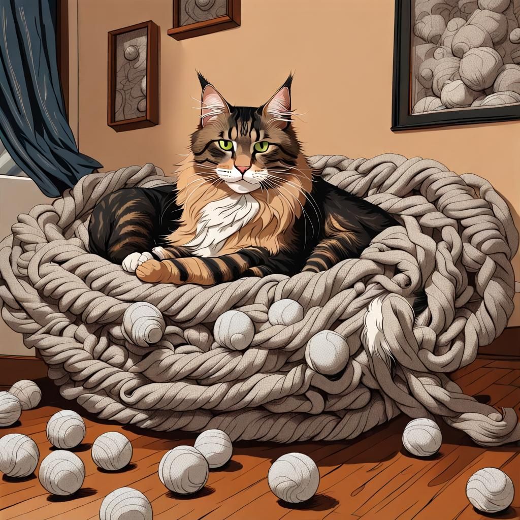 Maine Coon Cat Tangled in Yarn, Ukiyo-e Style