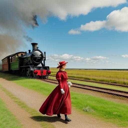 Victorian Lady Portrait with Steam Train and Birds