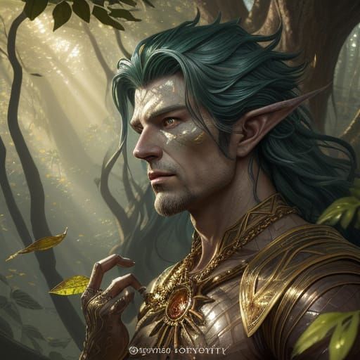 A beefcake male fused with a magical tree. The leaves are sp...