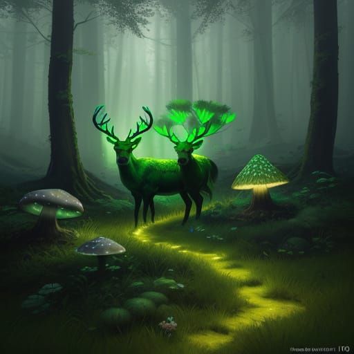 Glowing Mushrooms and Deer in Fantasy Forest