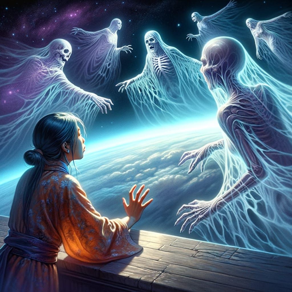 Interdimensional Existence: Asian Woman and Ethereal Spirits