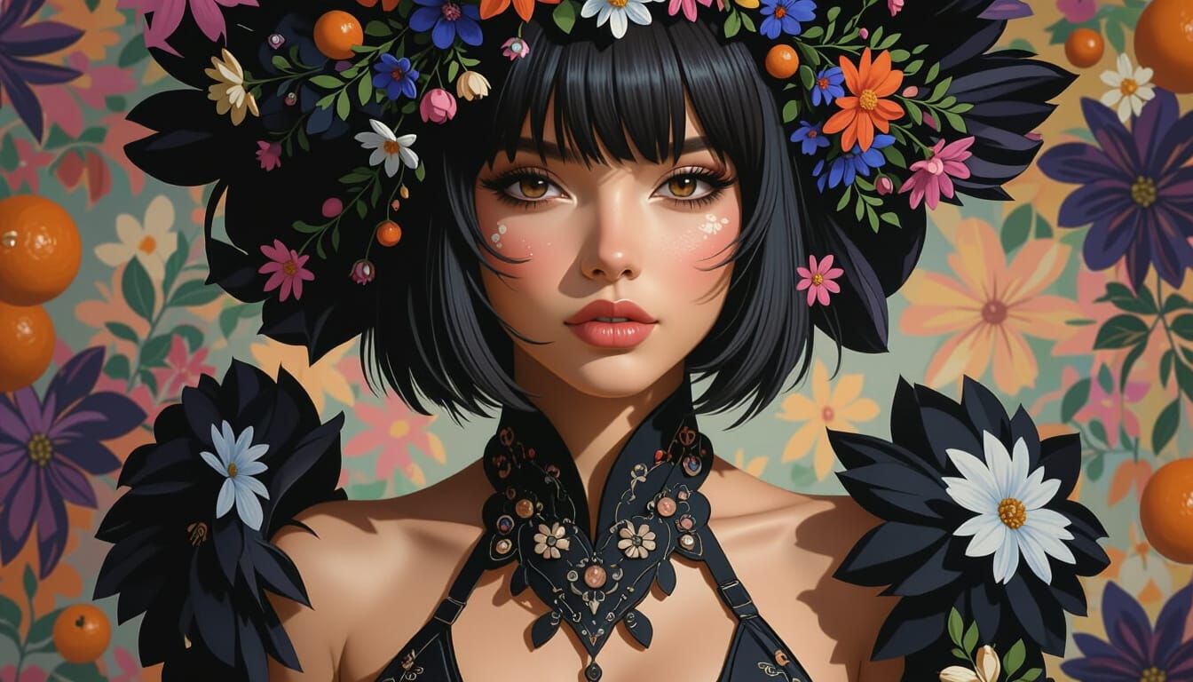 Whimsical Character With Floral Crown Amidst Flowers and Ora...