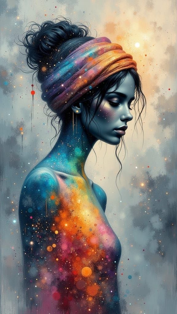 Ethereal Figure in Cosmic Rainbow Landscape
