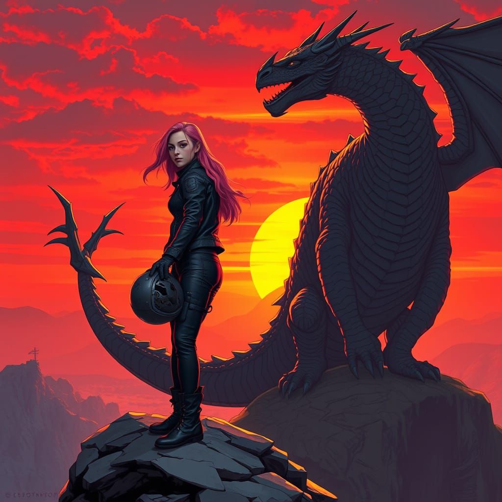 Dragon Rider Princess in Dystopian Sunset