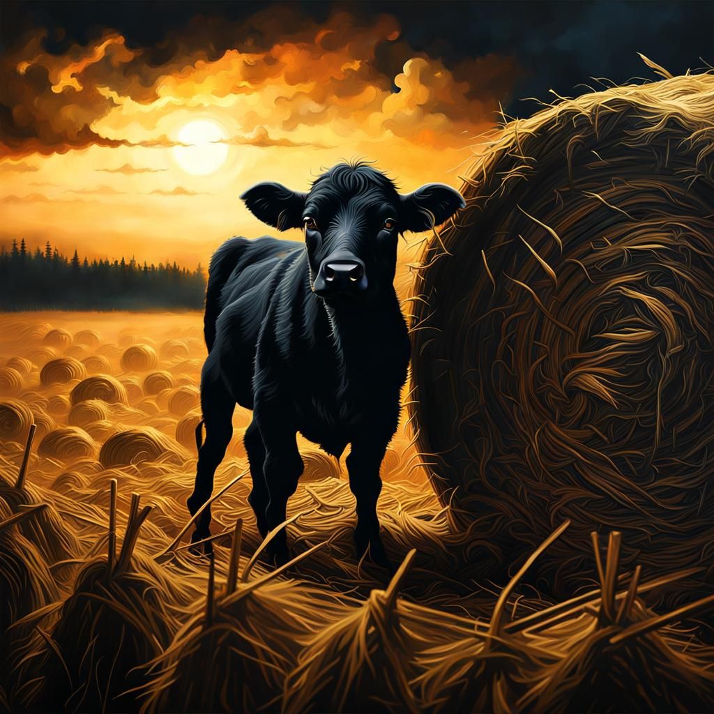 Angus Calf Eating Hay Bale in Grunge Style