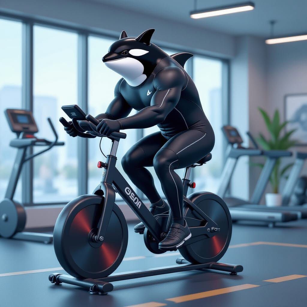 Orca Athlete on Exercise Bike in Vibrant Style
