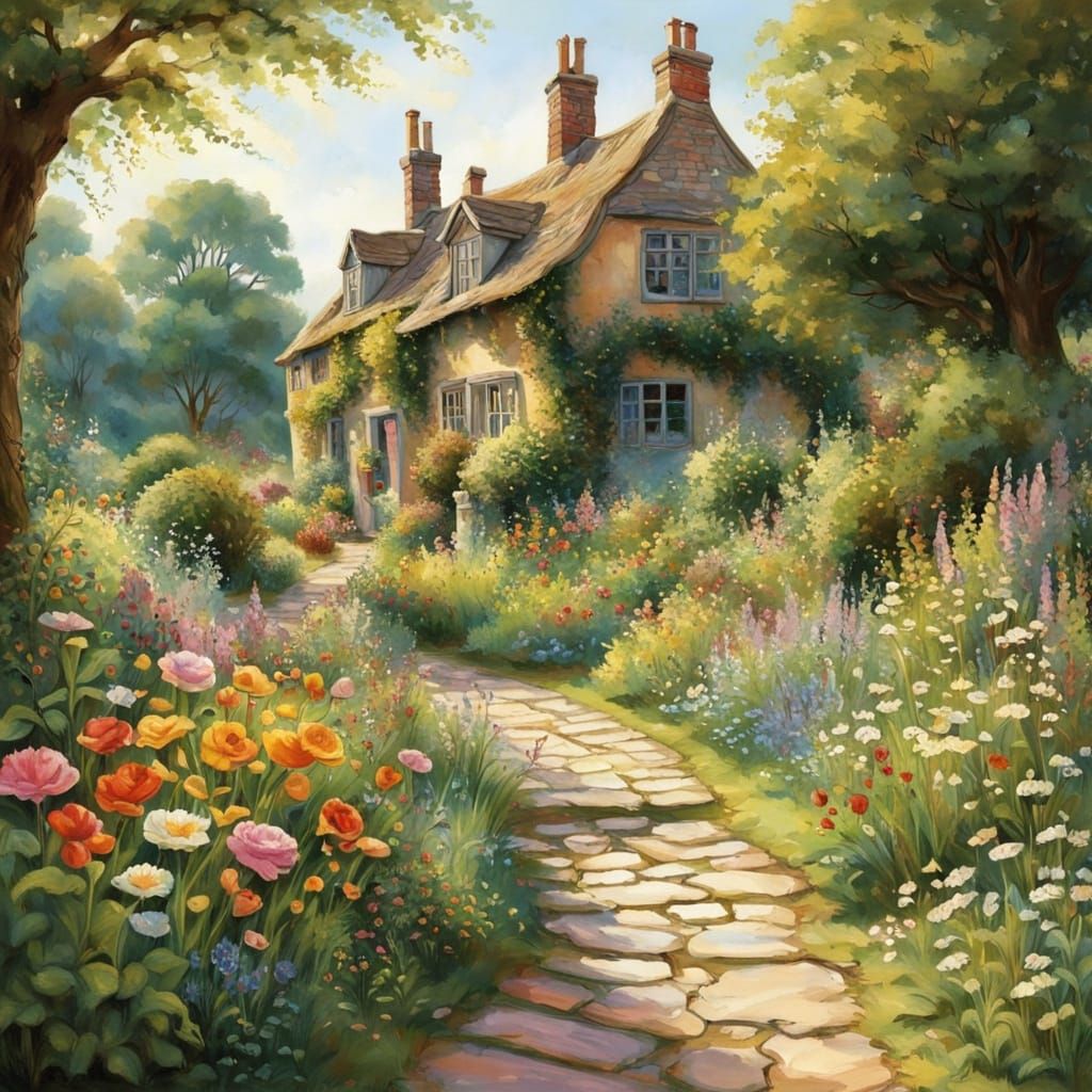 Whimsical English Garden in Vibrant Gouache Colors