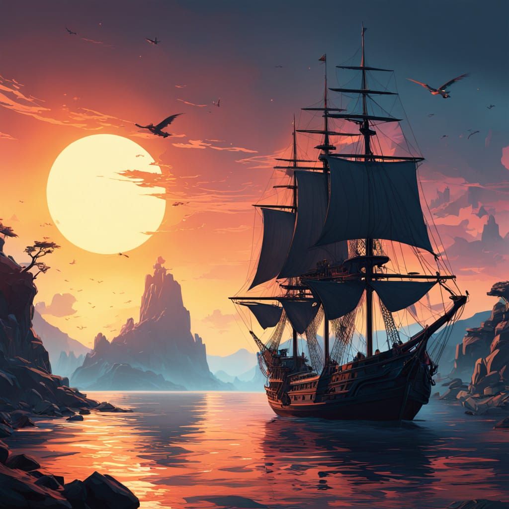 Sailing Vessels Set Sail into a Fantastical Sunset