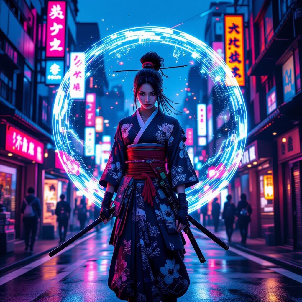 Hyperrealistic Ninja in a Neon Tokyo Scene