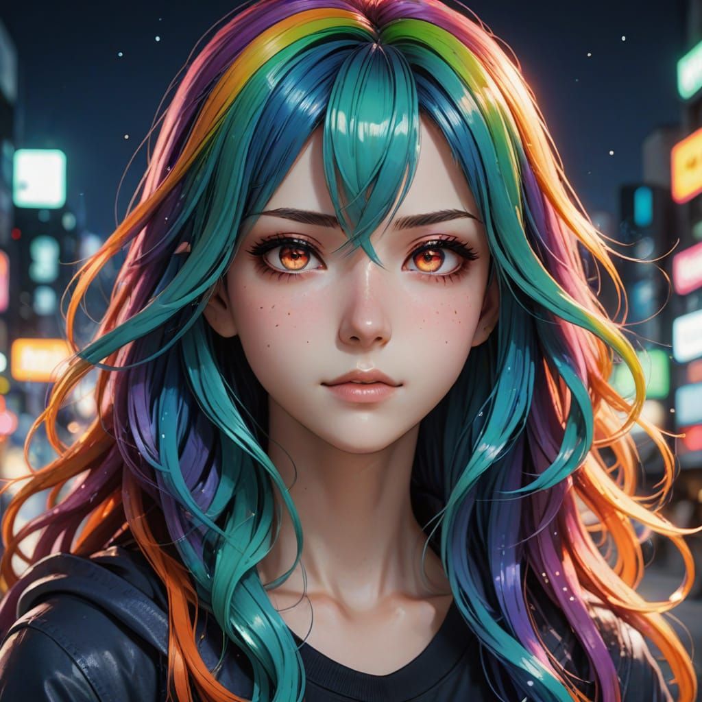 Anime Girl Portrait with Rainbow Hair and Red Eyes