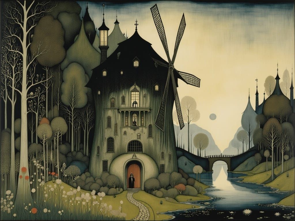 Enchanted Watermill by Moonlight in Whimsical Romanticism