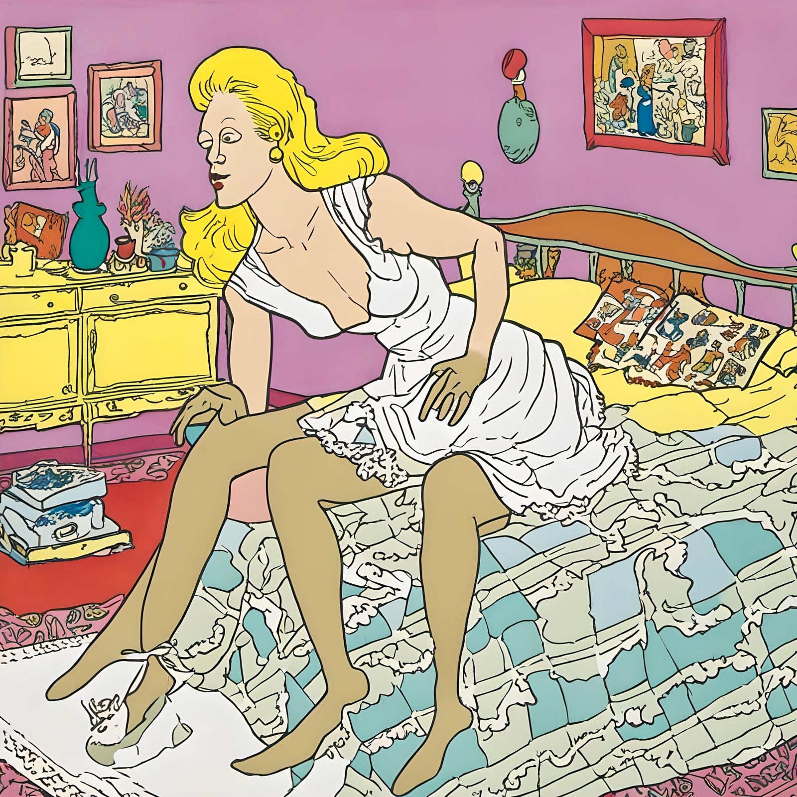 Blonde Woman in Chiffon Dress in Bedroom