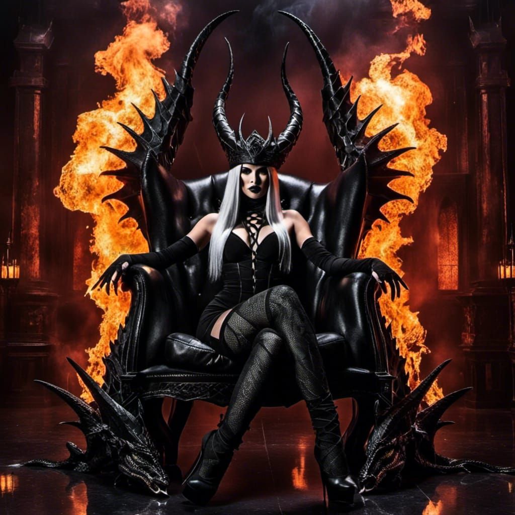 Dark Sorceress on Dragon Throne in Flame-Lit Citadel