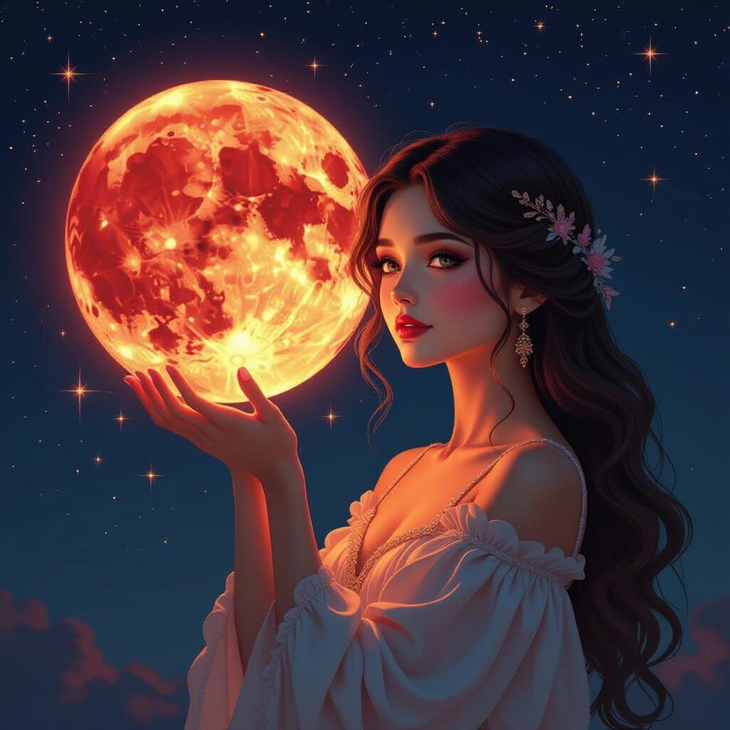 Beautiful Girl Holding Red Moon in Digital Painting Style