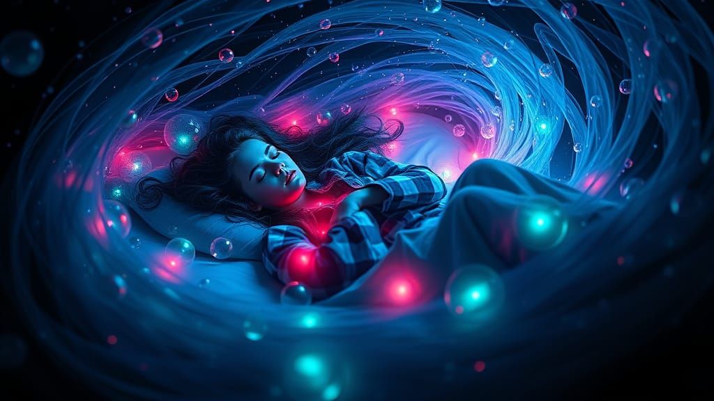 Sapphire-Haired Woman Dreaming in Cosmic Winds