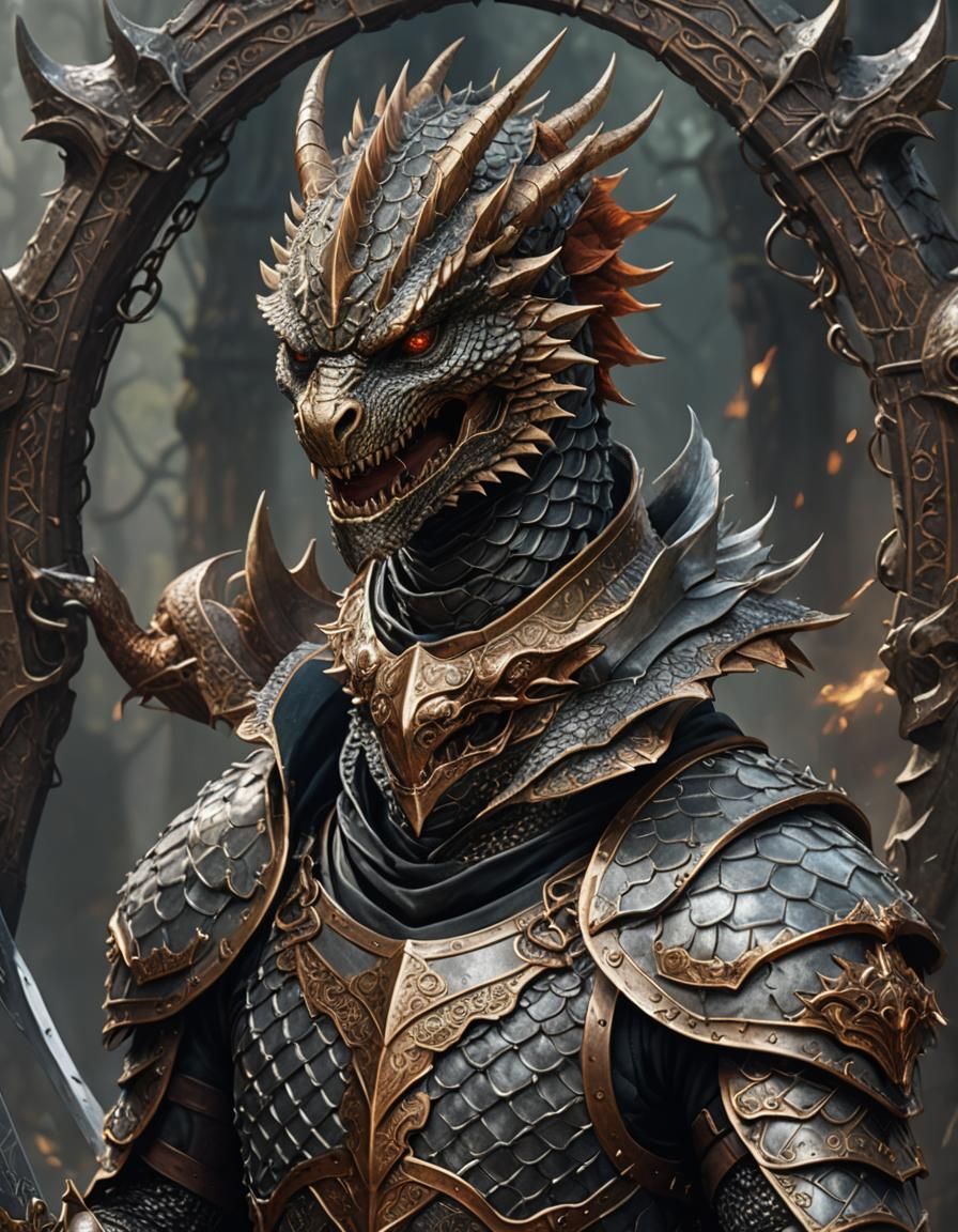 Dragonborn Warrior in Chainmail Armor, Fantasy Art