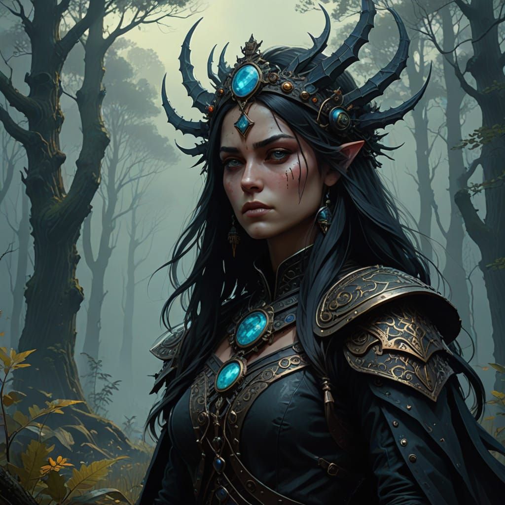 Dark Fantasy Figure in Misty Forest