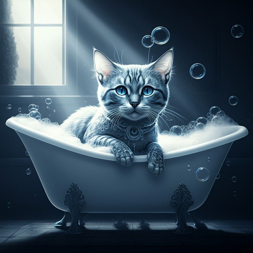 Glass Cat in Bathtub with Bubbles and Sunbeams