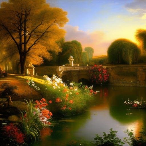 Baroque Garden with Grotto at Sunset as Digital Art