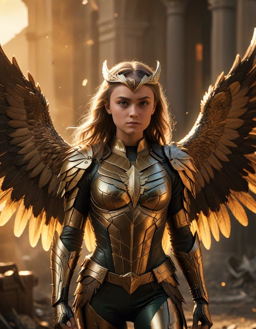 Hawkgirl Lizzy Greene Soaring in Cinematic Sunset