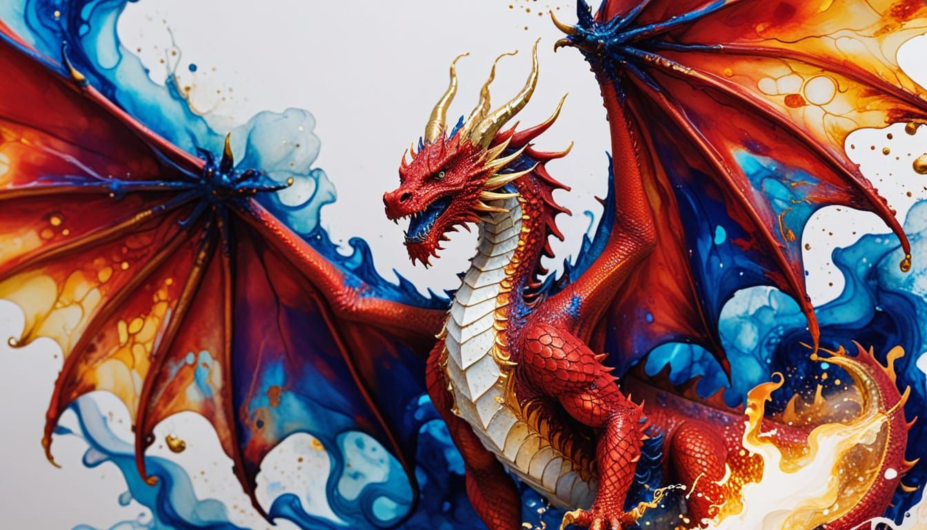 Fiery Red Dragon with Gold Accents in Alcohol Ink
