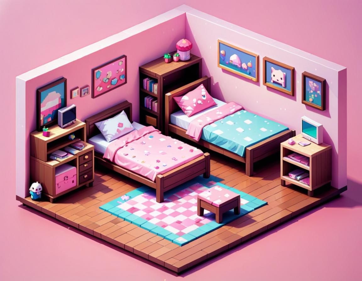Isometric Pixelated Kawaii Bedroom