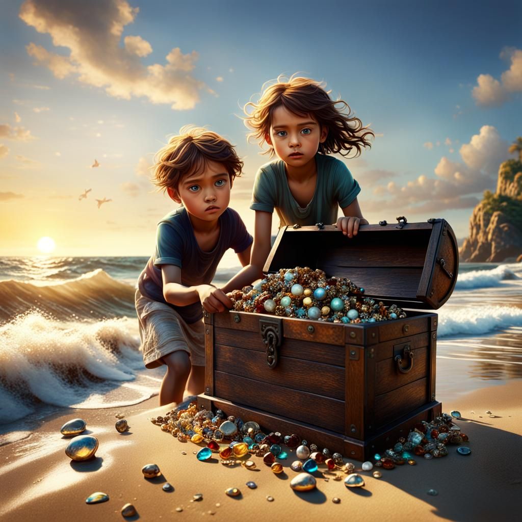 Seaside Siblings Find Treasure Chest at Sunset