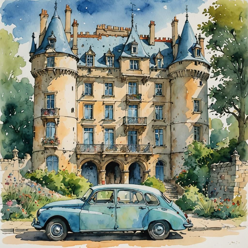 French Castle Car: Whimsical Watercolor Illustration