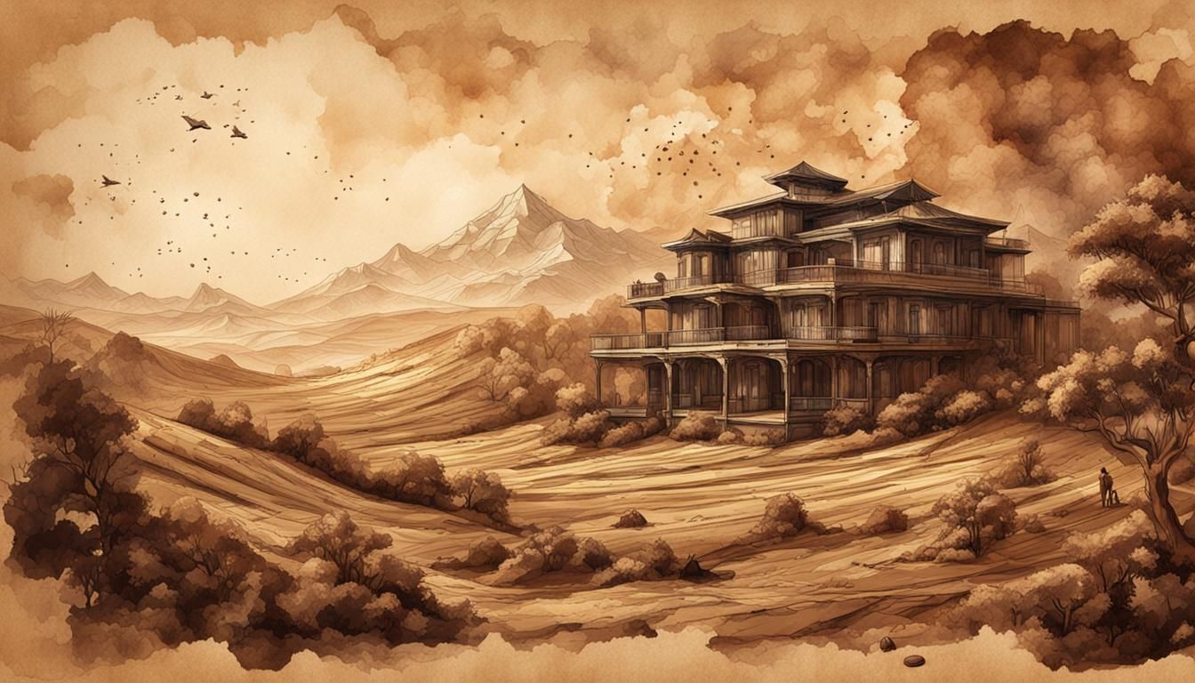 Coffee Landscape Sketch on Vintage Paper in Epic Cinematic S...