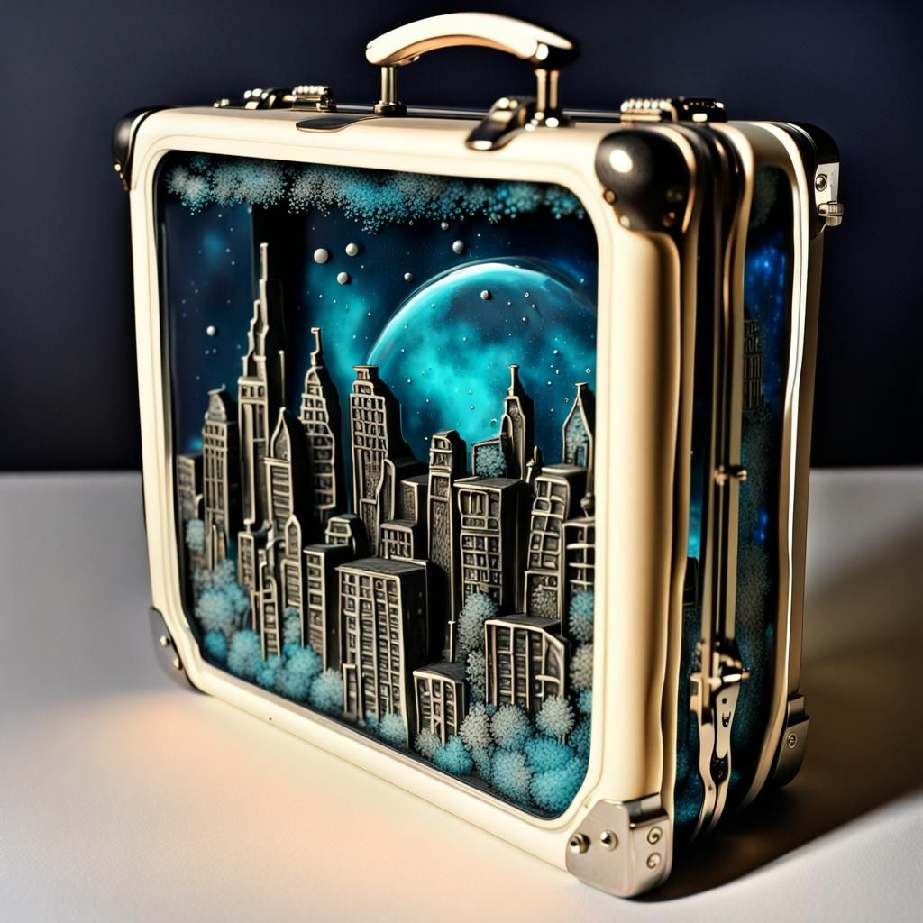 Bioluminescent Post-Apocalyptic Cityscape in Glass Suitcase
