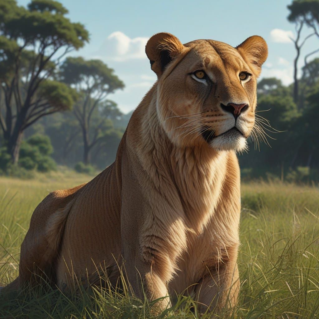 Majestic Lioness Illuminated by Warm Sunlight in African Sav...