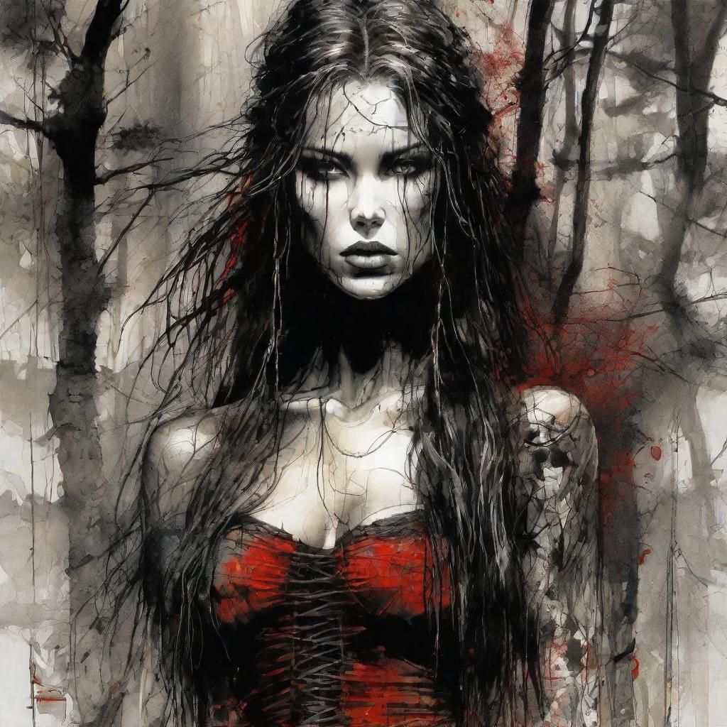 Fairytale Heroine in Dark Forest, Inkblot Style