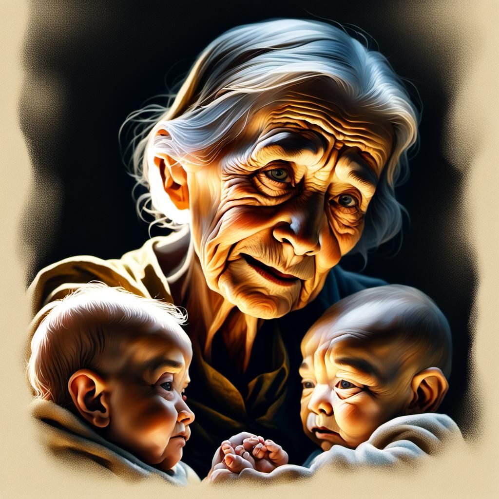 Elderly Woman Portrait with Magical Babies in Digital Painti...