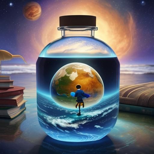 Children Reading in a Bottle on Venus: Cosmic Illustration