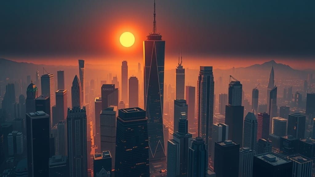 Tetris-Inspired Metropolis at Sunset, Realistic Photo