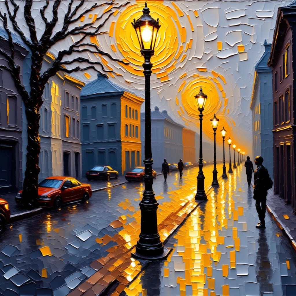 Impasto Streetlamp Glow Abstract City