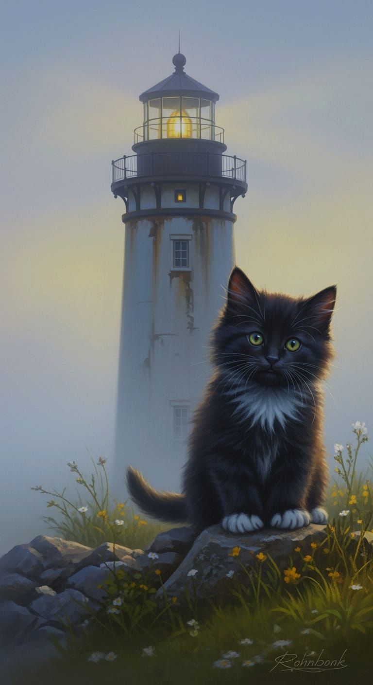 Cute Fluffy Kitten Peeking from Lighthouse on Foggy Morning