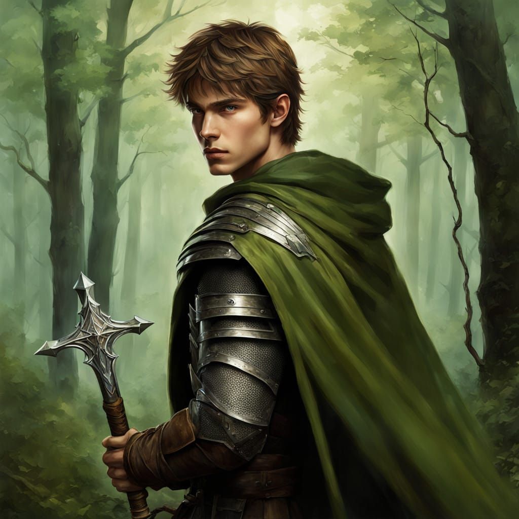 Young Knight in Faerie Wings Patrols Forest in Armor