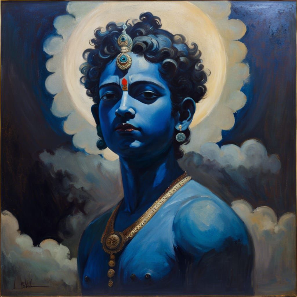 Luminous Portrait of God Krishna in Art Nouveau Style